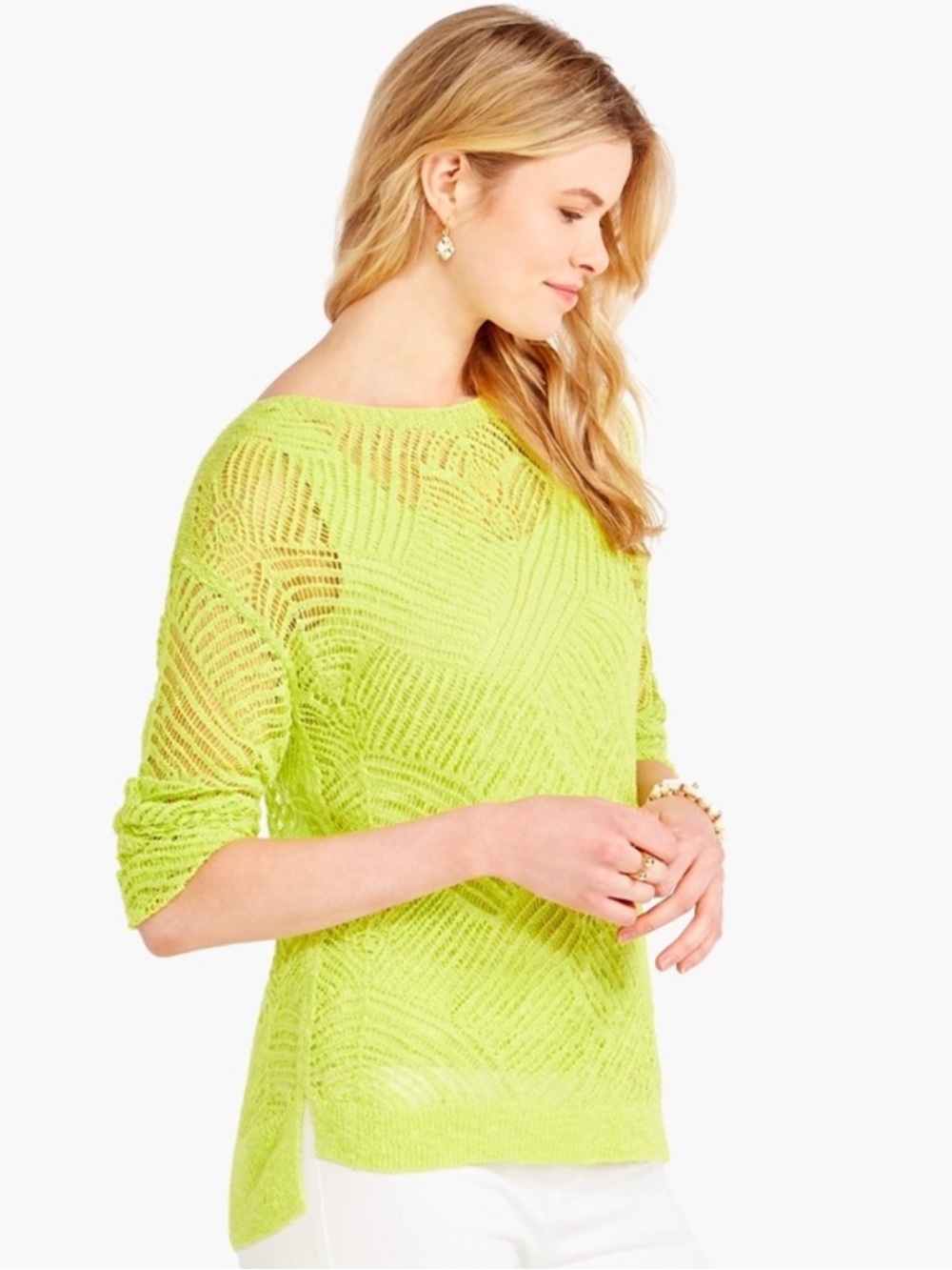 NIC+ZOE Open-Knit Bold Pullover Sweater in Highlighter Lime Green XL Women Sheer